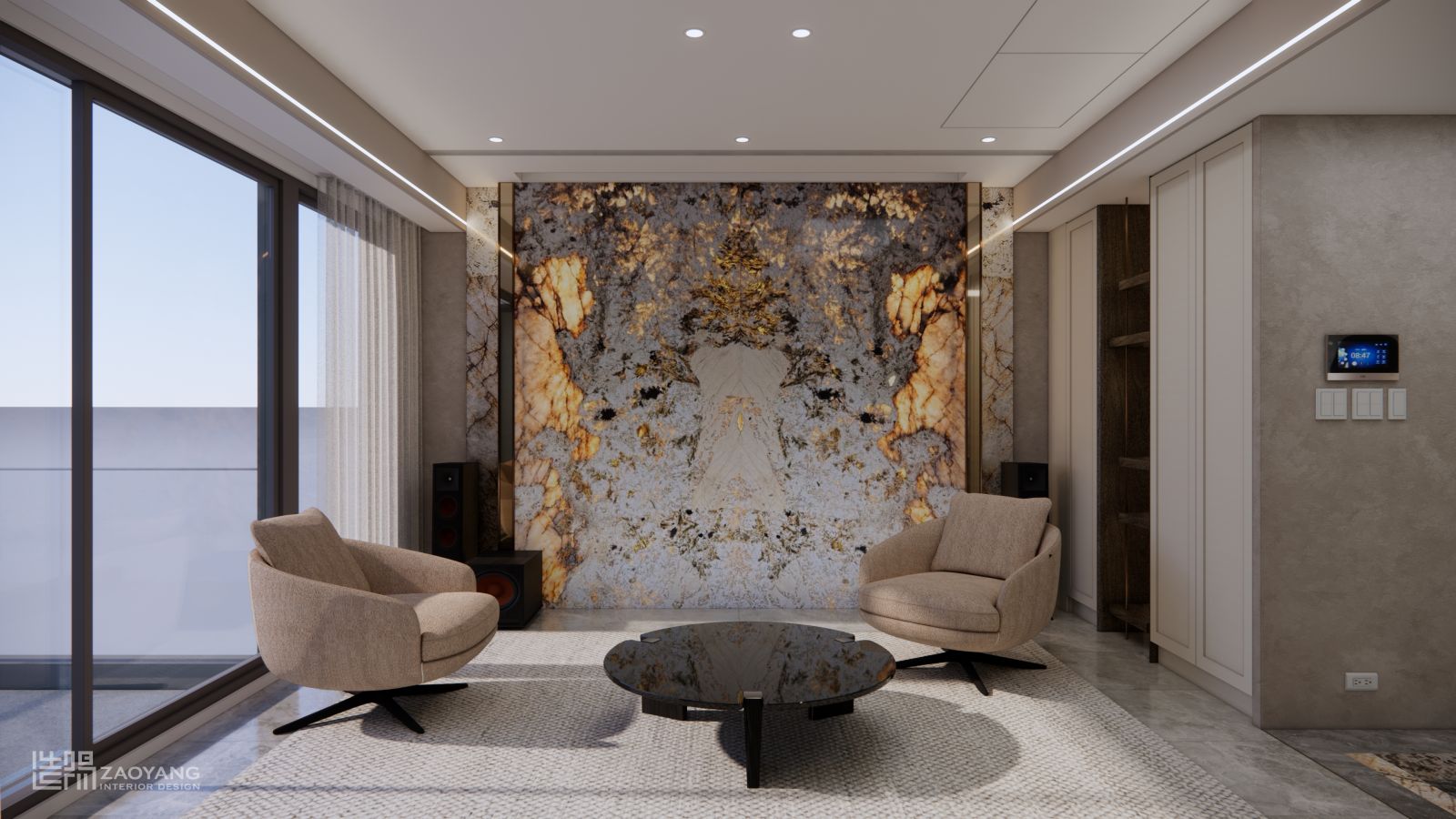 桃園室內設計客廳奢石電視牆，天使之星天然石材背光效果與影音空間整