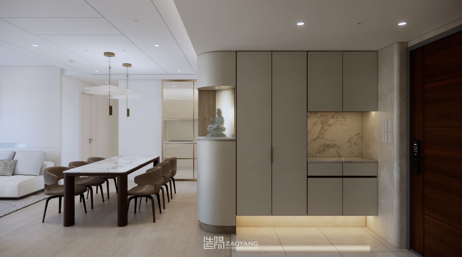 台中室內設計推薦｜玄關圓弧展示櫃設計，結合佛像展示與間接照明，營造靜謐沉穩的回家儀式感