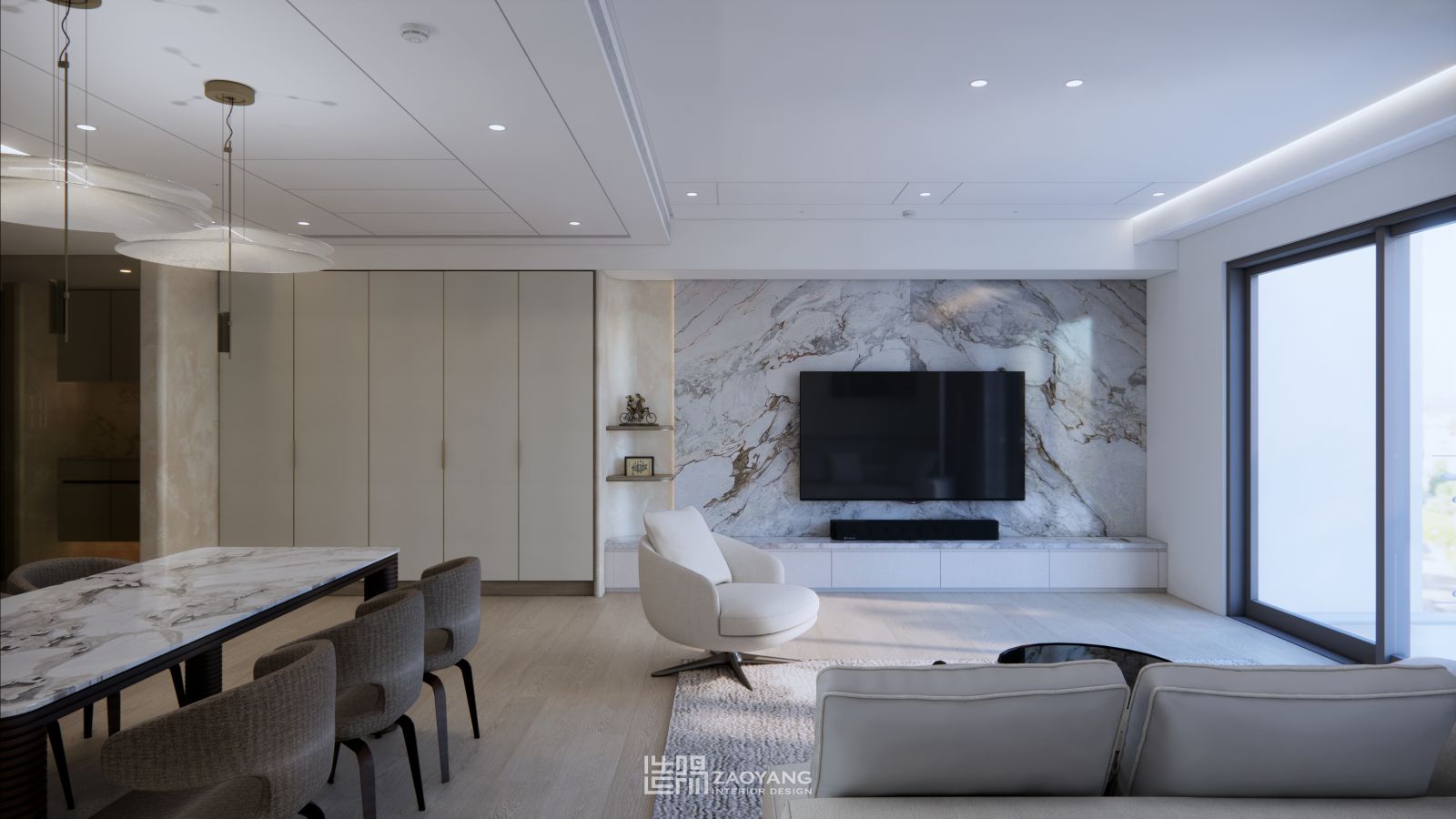 台中豪宅室內設計｜現代簡約客廳設計，大面石材電視牆結合開放式空間與自然採光