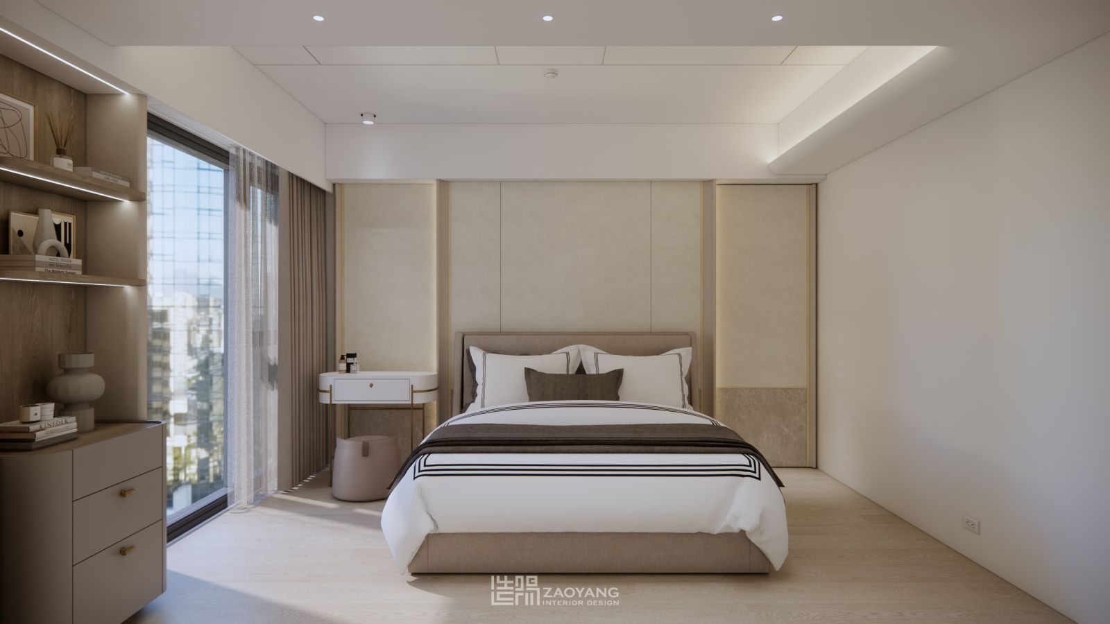 台中室內設計推薦｜現代飯店風主臥設計，低彩度配色結合柔和光線與溫潤材質，營造靜謐舒眠空間