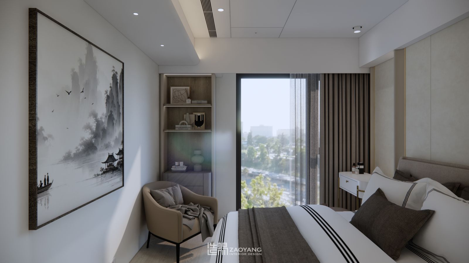 台中豪宅主臥設計 低彩度臥室 飯店風空間設計 溫潤材質 舒眠氛圍