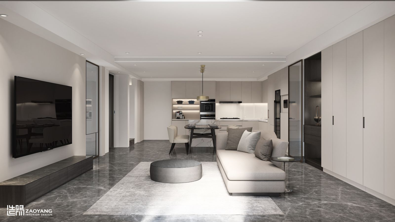 客廳與餐廳開放式配置，迴字動線 串聯公領域空間多元使用。