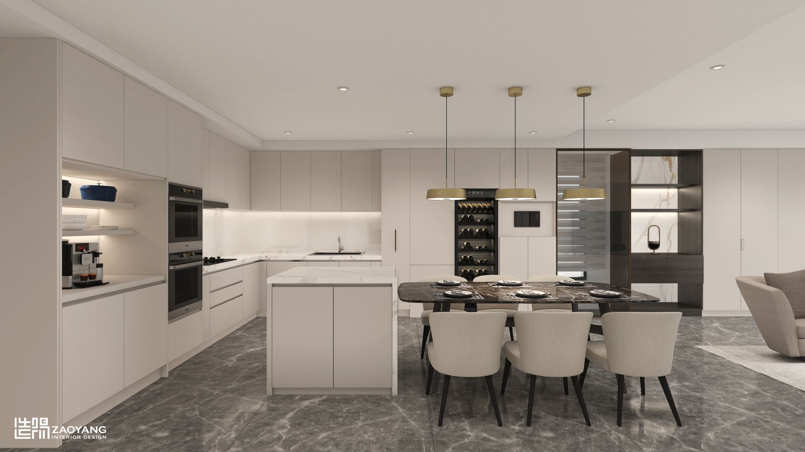 餐廳廚具與展示收納櫃，材質做同色系設計規劃，兼具收納機能考量。